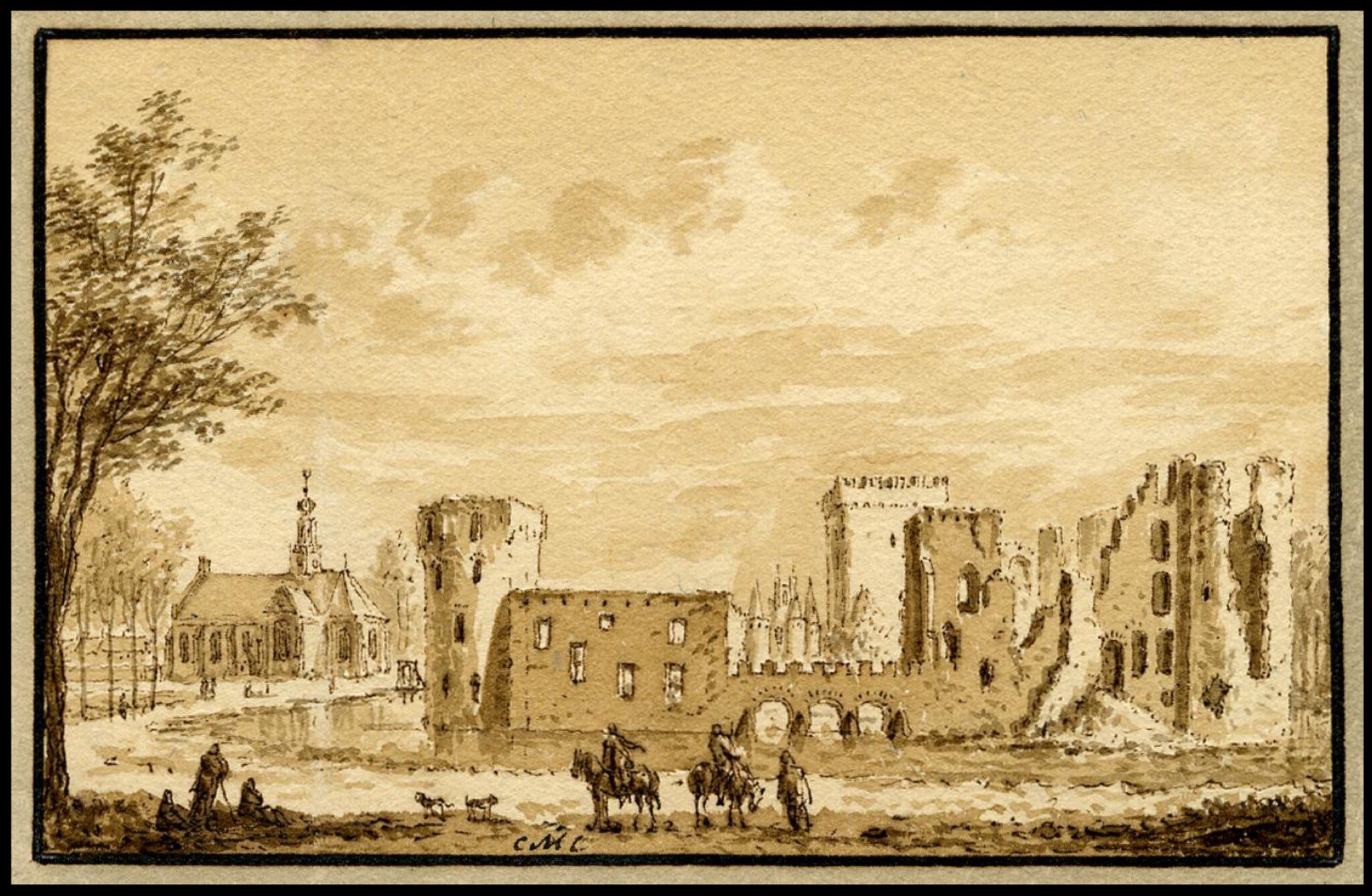 Zeichnung des Slots in der Ruine Egmond aan den Hoef kurz nach der Zerstörung